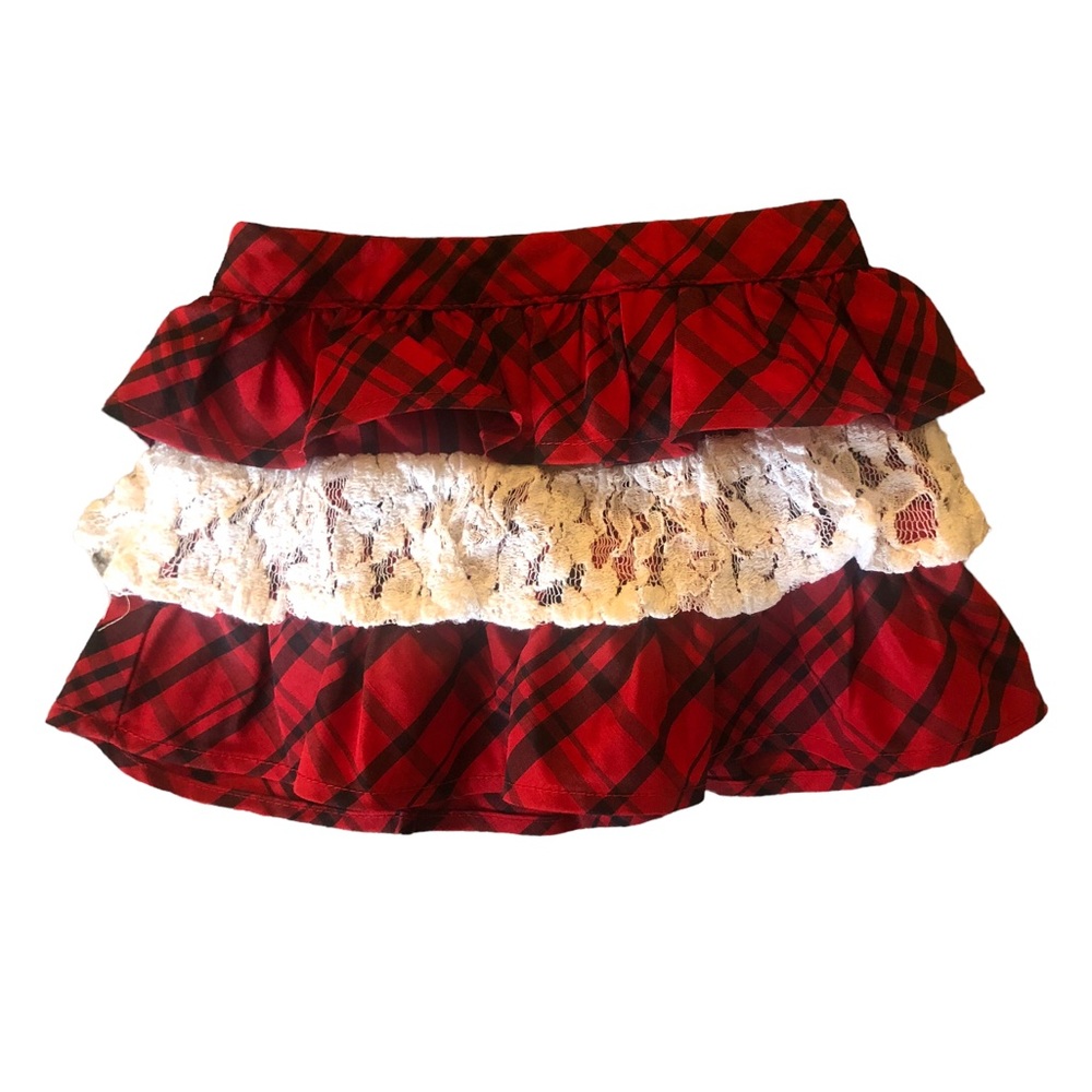 Hartstrings Red Plaid and Cream Lace Baby Skirt size 6 month